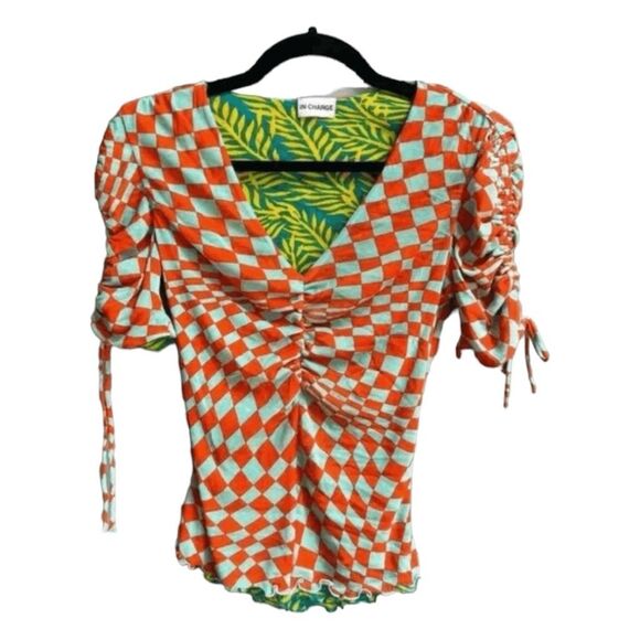 Diane Von Furstenberg Abriella Reversible Tee Checks Tropical Print L - Picture 4 of 11